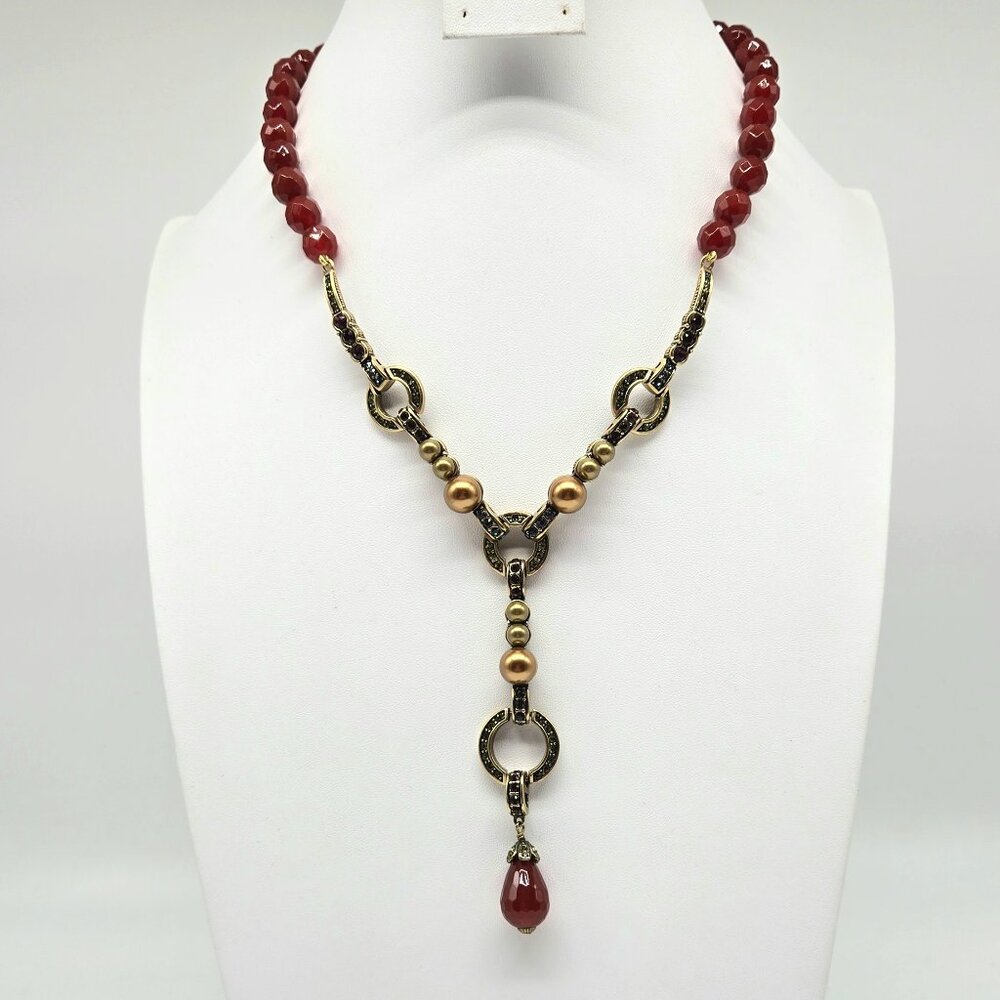 Heidi Daus Long Swarovski Crystal Lariat with Genuine Carnelian and Golden Pearl
